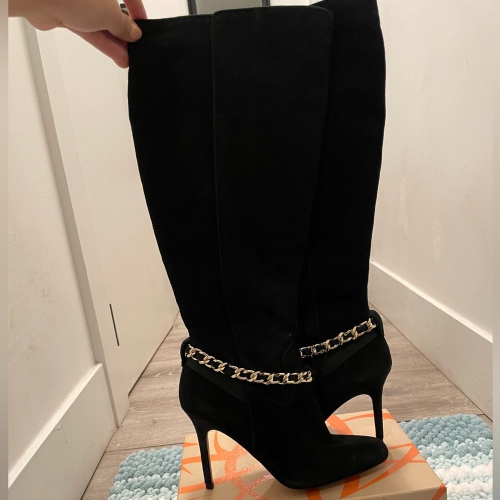 NWOT Tall Black Suede Black Boots with Gold Chain
